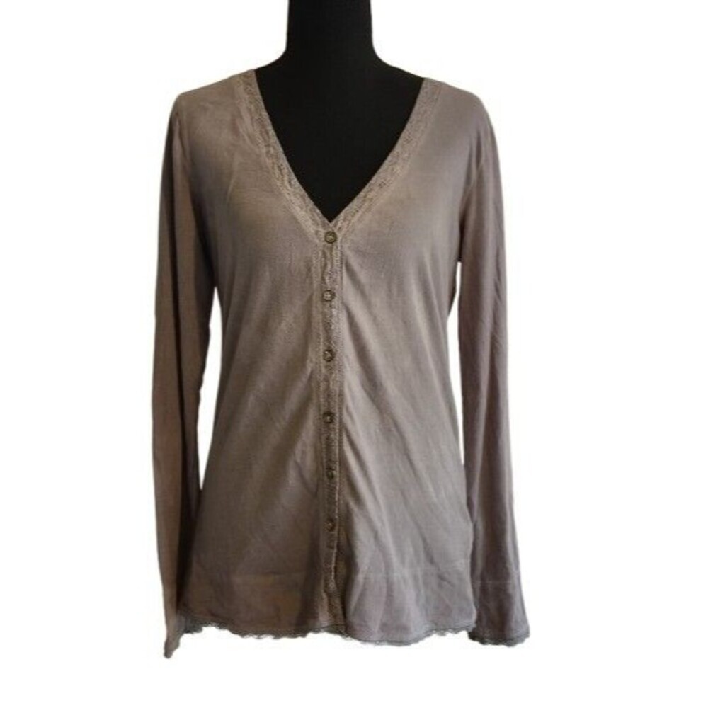Cleo + Wolf Women Small Gray Lace Trim V-Neck Long Sleeve Button Front Top...